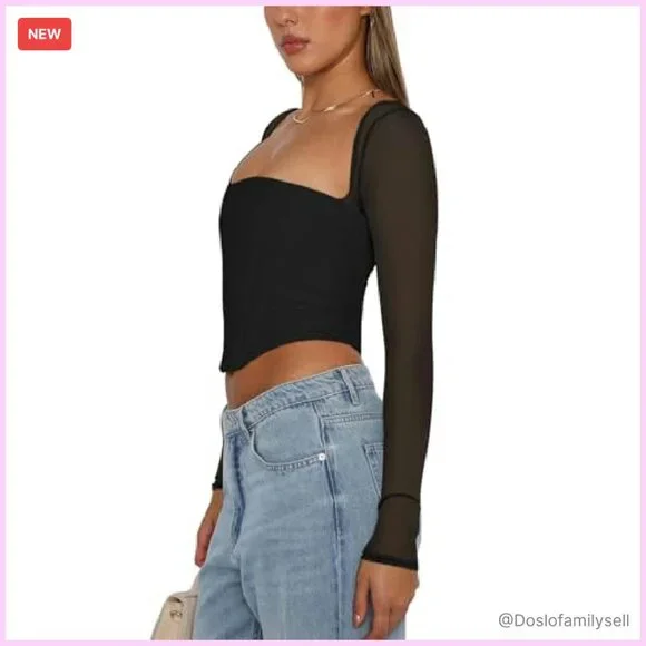 Mesh Long Sleeve Boned Corset Top Y2K Square Neck Bustier Crop Tops - Picture 4 of 8